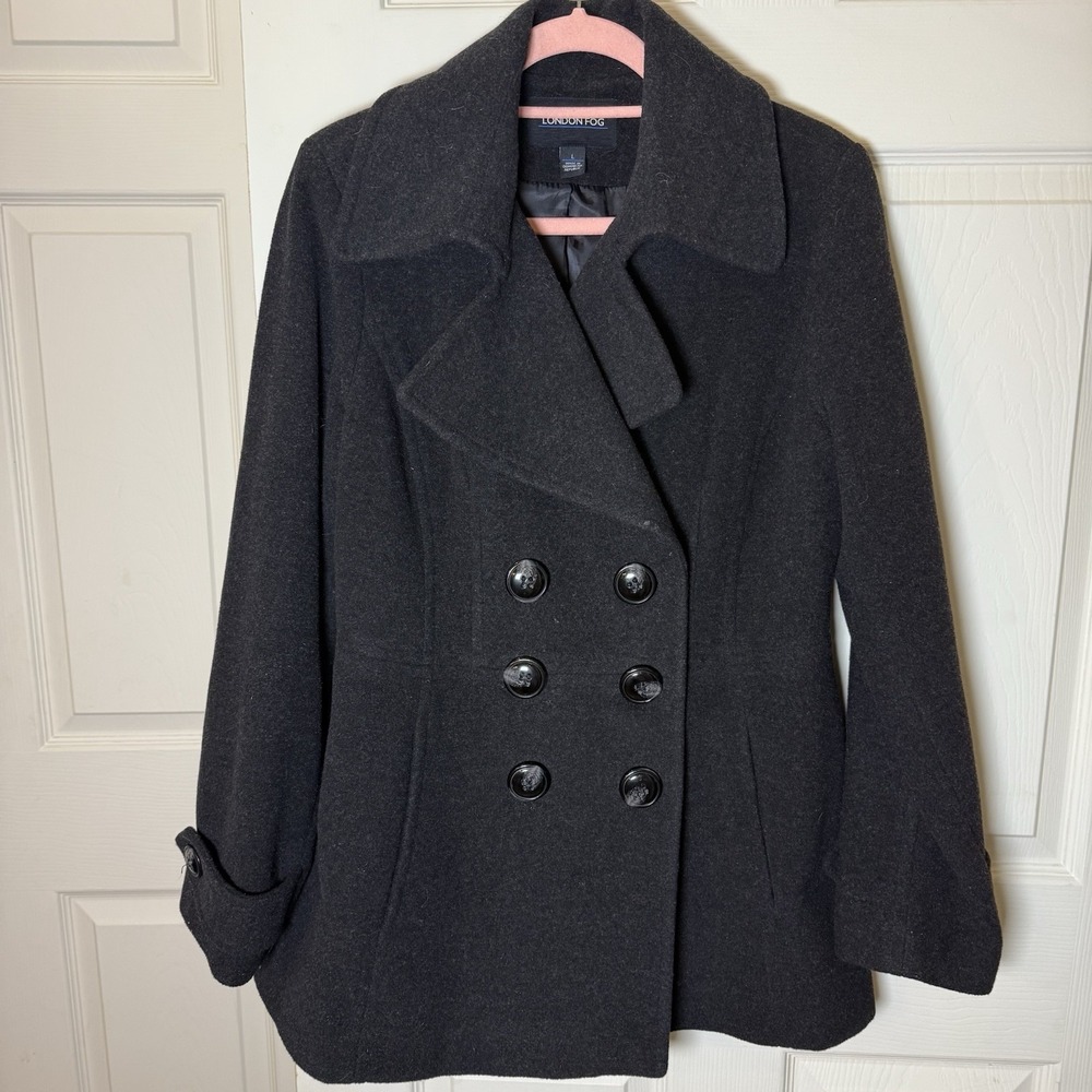 London Fog Women's Wool Blend Double Breasted Pea Coat Dark Grey L Classic - Picture 1 of 12